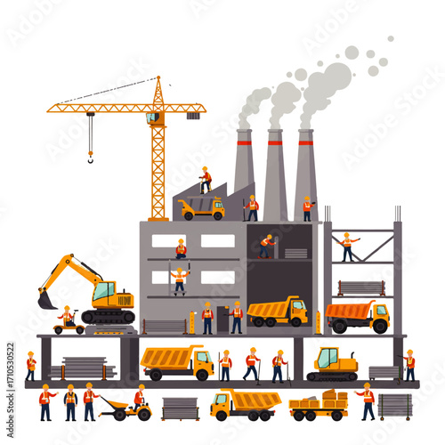 Illustration depicting a construction site with workers, heavy machinery, and a factory building with smoking chimneys, showcasing industry and development.