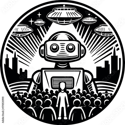 Robot alien invasion crowd gathering flying saucer