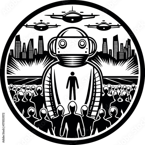 Robot overlord watches over masked crowd against cityscape and flying drones cyborg android