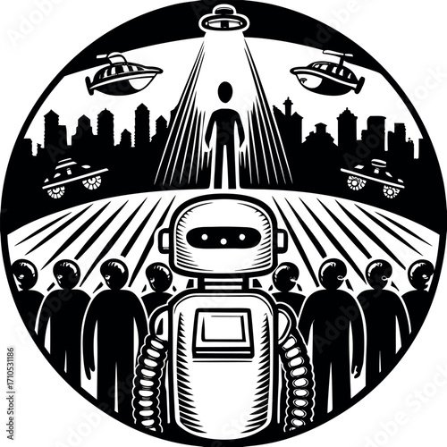 Robot leading crowd under alien spacecrafts above city skyline vector