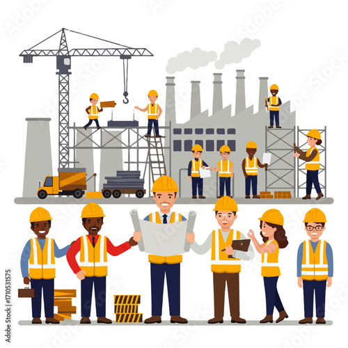 A group of construction workers and engineers collaborating on a building project with a crane and factory in the background.