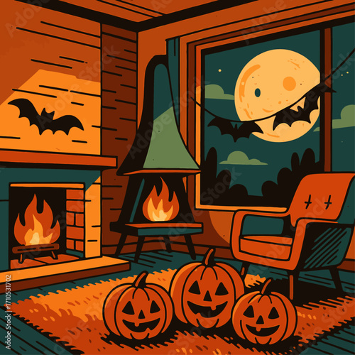 Cozy Halloween night illustration featuring glowing jack-o’-lanterns, crackling fireplace, full moon, and bats outside the window in a festive autumn setting