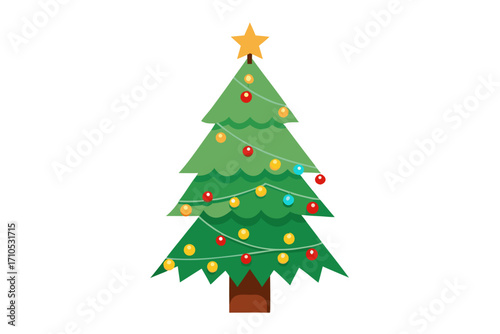 Cartoon Christmas Tree with Star and Lights on White Background