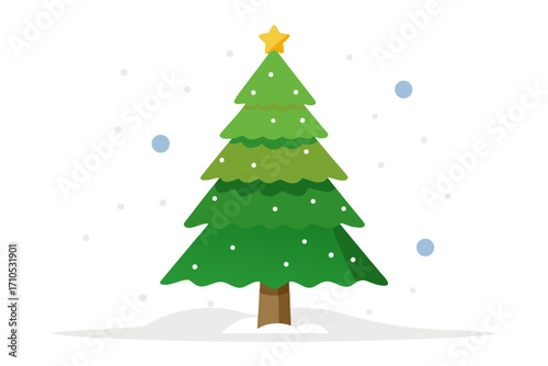 Cartoon Christmas Tree with Star and Snow Falling Illustration on white background