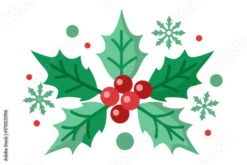 Christmas Holly Berry and Snowflake Illustration on a White Background