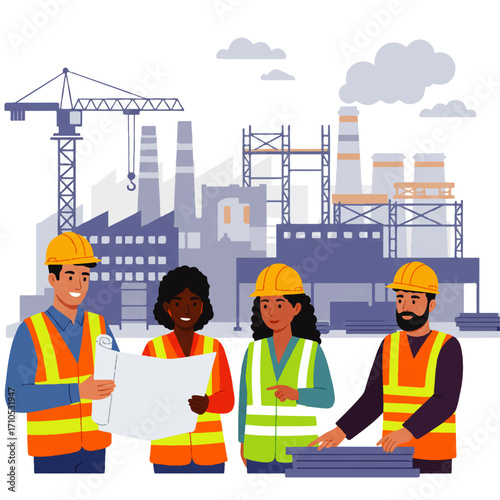 Four construction workers, diverse in gender and race, review blueprints and materials at an industrial construction site with a crane and factory in the background.