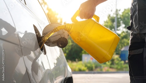 A person fills a light gray car's gas tank with fuel from a yellow container.