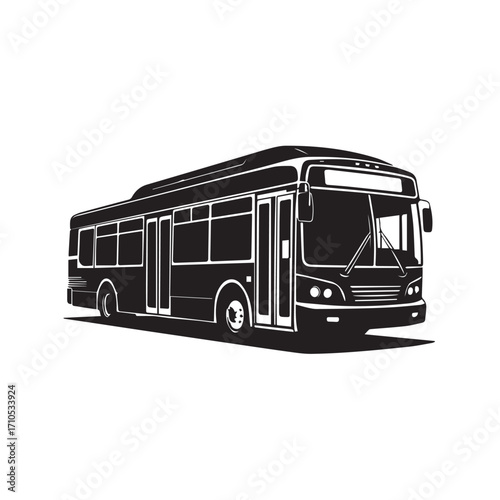A black and white illustration of a modern city bus with tinted windows, viewed from the side, representing public transportation technology background