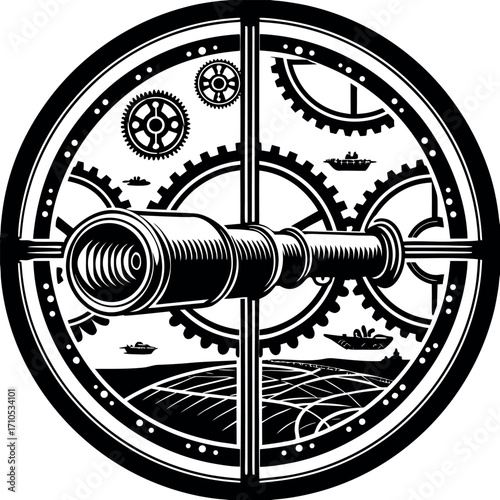 Steampunk telescope viewing fantastical landscape with airships gears