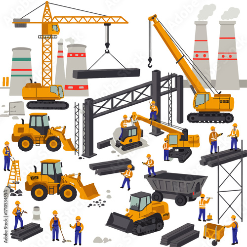 Cartoon illustration showing a construction site with various heavy machinery, workers, and industrial elements like cranes, bulldozers, and factory chimneys.