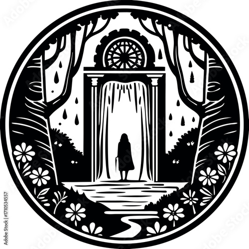 Silhouette of person with umbrella standing before waterfall archway amidst trees and flowers
