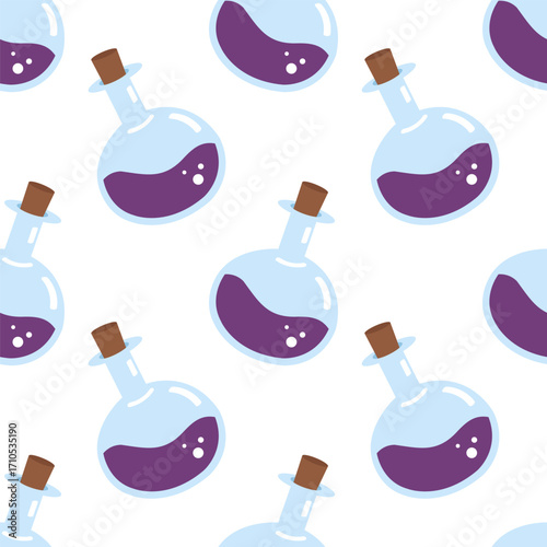 A cute seamless pattern with glass potion bottles. A print with purple magic elixir. Background, wallpaper, wrapping paper, fabric, notebook cover template