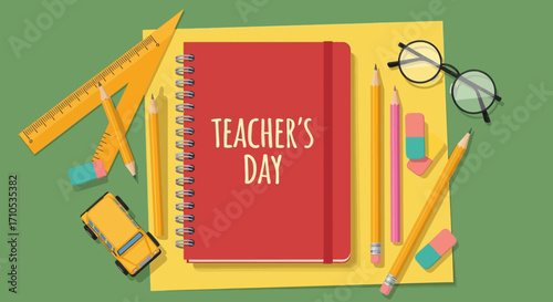 Happy Teacher s Day Flatlay of School Supplies Notebook and Glasses