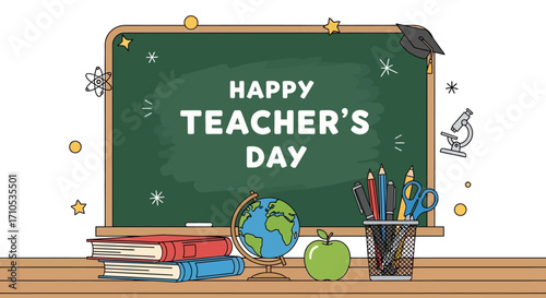 Happy Teacher s Day Chalkboard Illustration School Supplies Globe Apple Books and Graduation Cap