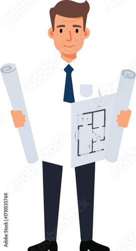 A male architect holding blueprints and plans.
