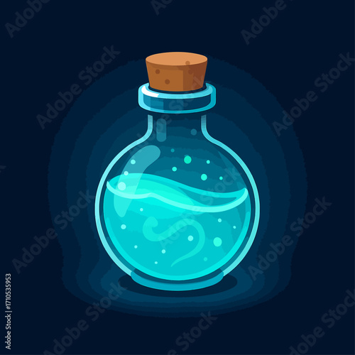 Glowing magic potion in a glass bottle with cork stopper, fantasy elixir illustration perfect for gaming, Halloween, and mystical design concepts.