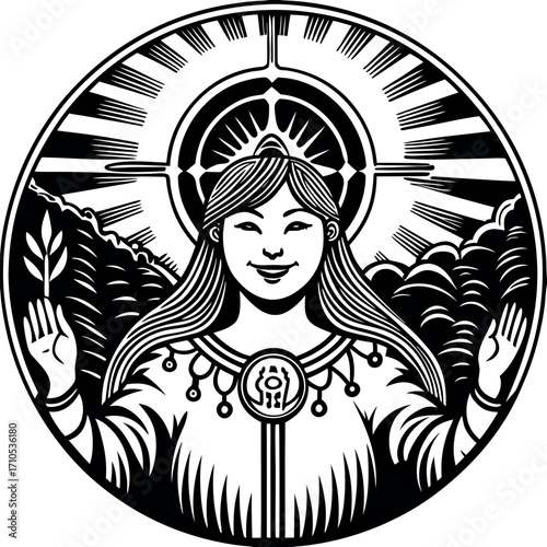 Stylized woman with radiating sun and mountainous landscape emblem circular