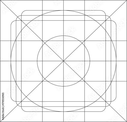 Geometric grid template for app icon design, vector wireframe layout with circle and square shapes