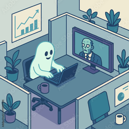 Funny illustration of a ghost working on a laptop in an office cubicle while having a video call with a zombie, symbolizing workplace humor, remote work, and Halloween-themed business stress.