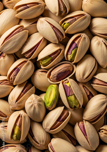 Close-up of vibrant pistachio nuts in their shells, a healthy snack background