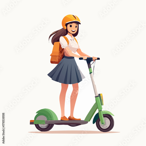 Cheerful young woman with a backpack and helmet commuting on a green electric scooter, illustrating a concept of sustainable urban mobility and modern lifestyle
