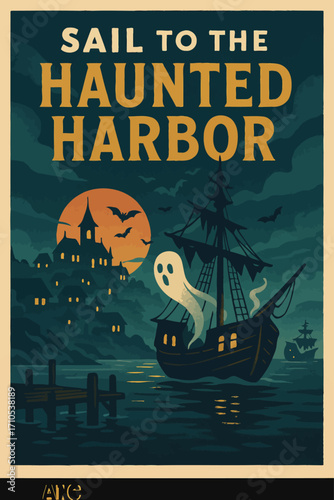 Vintage Halloween poster illustration of a haunted harbor with ghostly ship, eerie village, bats, and glowing full moon in spooky night atmosphere.
