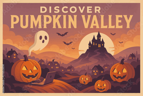 Retro Halloween illustration of Pumpkin Valley with glowing jack-o’-lanterns, haunted castle, bats, ghost, and autumn night landscape in vintage poster style.