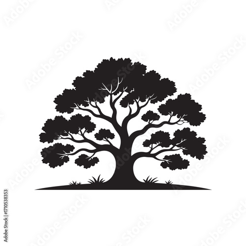 Detailed black silhouette of a large, mature tree with a wide canopy and intricate branches, standing on a flat ground, isolated on white background technology background