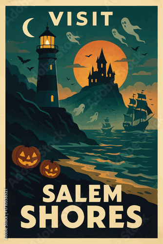 Vintage Halloween poster illustration of a haunted harbor with ghostly ship, eerie village, bats, and glowing full moon in spooky night atmosphere.