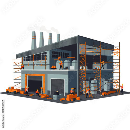 Illustration of a factory under construction with workers on scaffolding and the ground, showing tanks, pipes, and chimneys emitting smoke.