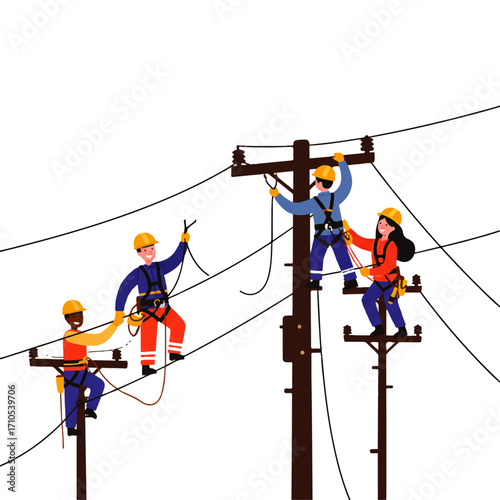Four electrical workers wearing safety gear are repairing power lines on utility poles against a white background.