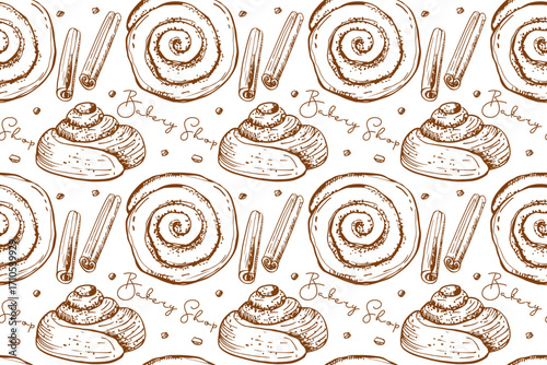Seamless Cinnamon Bun pattern. Monochrome print with inscription, Pastry sweet bakery. Vector Round bun with icing, cinnamon stick, Repeated background for wallpaper, wrapping, textile, scrapbooking