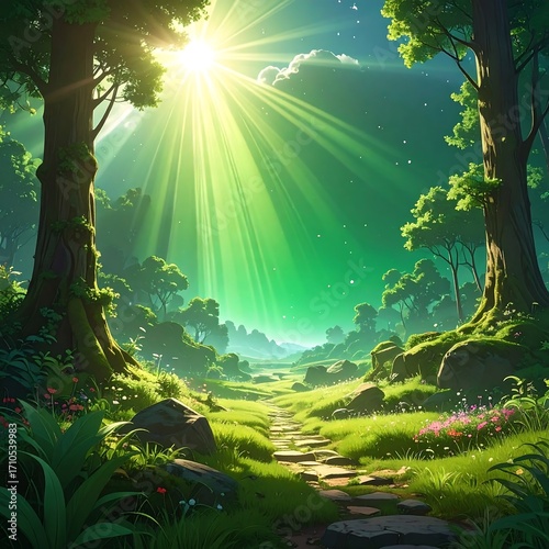 A sunlit path winds through a vibrant, lush forest, bathed in bright emerald hues.