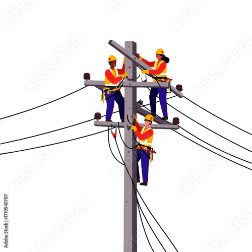 Three electrical workers wearing safety gear are repairing or maintaining power lines on a utility pole against a white background.