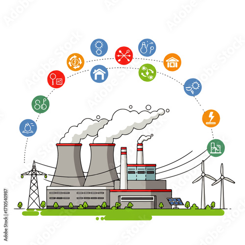 Illustration of a power plant emitting smoke, surrounded by icons representing energy sources and consumption, including solar panels, wind turbines, and residential buildings.