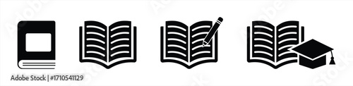 Education Book Icon Set – Vector Illustration of Closed Book, Open Book, Writing Notebook, and Graduation Cap for Learning, School, University, and Academic Design