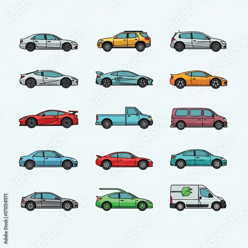 Collection of Colorful Cartoon Cars Sedans Sports Cars Trucks and Vans.