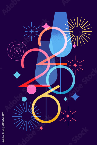 2026 New Year vector banner with cocktails or champagne and fireworks. Design for night party invitation or event poster