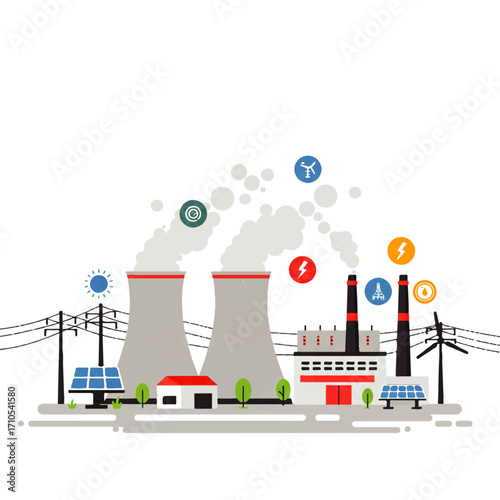 A cartoon illustration depicting a power plant with cooling towers emitting steam, alongside solar panels and wind turbines, representing diverse energy sources.
