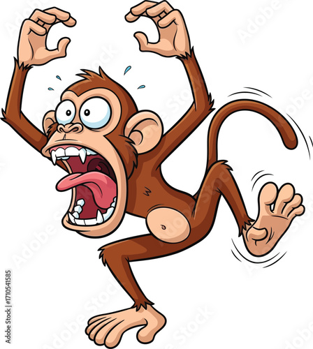 Expressive cartoon monkey screaming wildly in panic and fear with wide eyes and open mouth funny primate character vector