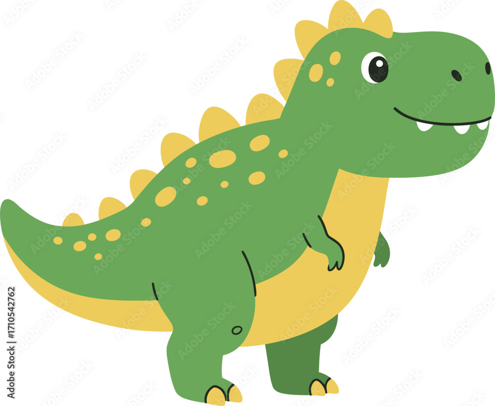 Naklejka premium Adorable cartoon dinosaur t-rex character with green skin yellow spots and spikes a playful prehistoric creature for childrens designs vector