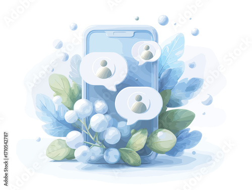 スマートフォン上のシンプルなベクタースタイルのコミュニケーションイラスト