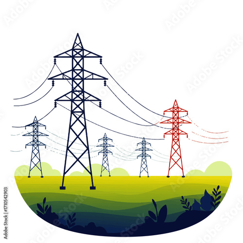 Illustration of power lines and pylons in a green field, with one pylon colored red and the others blue.
