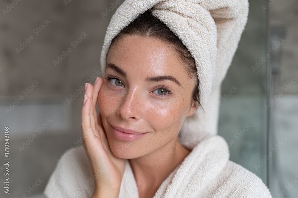Obraz premium Woman in Towel with Soft Skin Touching Face in Modern Bathroom Setting