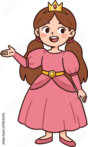 Charming cartoon princess character in pink gown with golden crown and open hand gesture welcoming or presenting fun fantasy elements vector