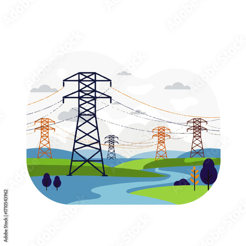 Illustration of power lines stretching across a green landscape with a river, trees, and cloudy sky.