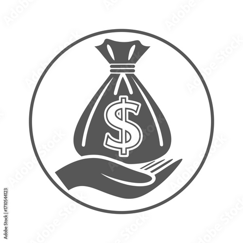 Gray Hand Holding Money Bag With Dollar Sign Inside Circle vector