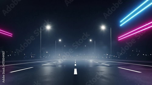 Empty dark road at night with bright streetlights and vibrant blue and pink neon strip lights illuminating the scene leading to a hazy city skyline