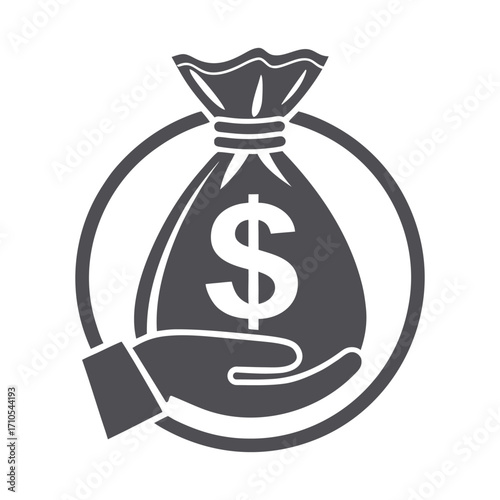 Dark gray hand holding money bag with dollar sign inside circle symbol
