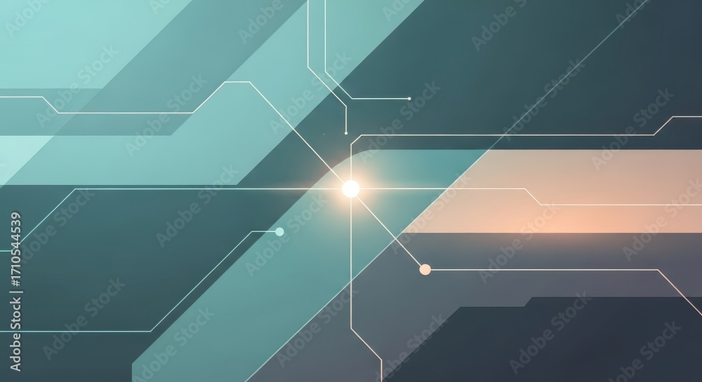 Naklejka premium Abstract Digital Circuit Board with Glowing Center and Geometric Shapes